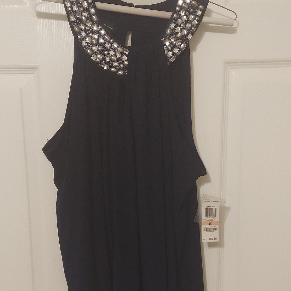 INC International Concepts Navy Blue Top with Silver Embellished Collar